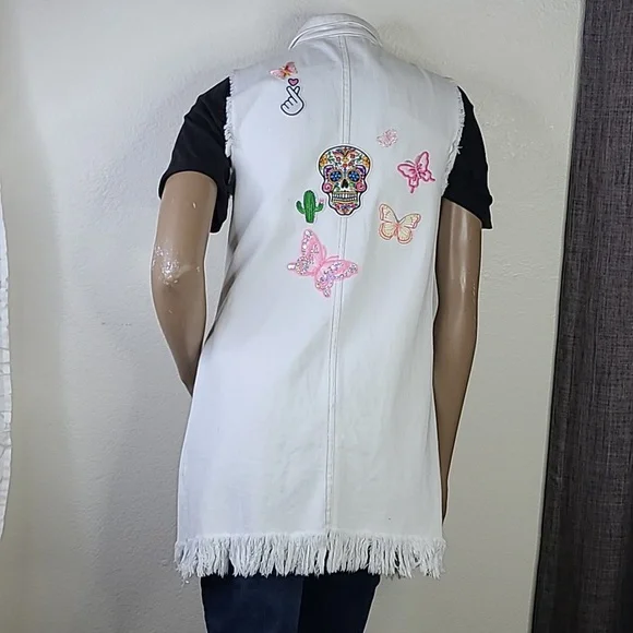 Vest Size Small/Medium White Distressed Denim Embellished Pink Butterflies Cute - Picture 1 of 7